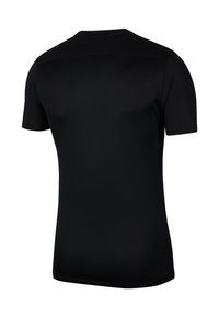T-shirt athlétique noir à manches courtes en tissu texturé, avec un col rond et un ourlet lisse. Vue de dos montrant un design sans coutures.