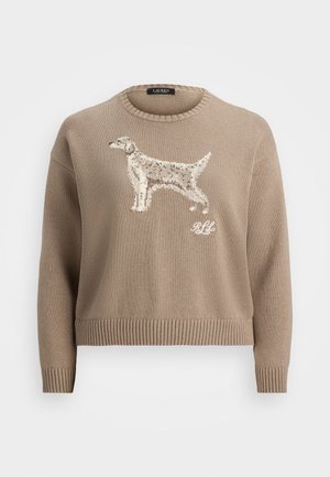 Beige knitted sweater featuring a dog design in light colors on the front, with ribbed cuffs and hem. Casual, boxy fit.