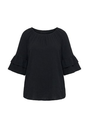 Schwarze Bluse mit rundem Ausschnitt und kurzen, doppellagigen Volantärmeln, lockere Passform, strukturierter Stoff.