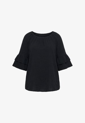 Sort bluse med rund halsudskæring og korte, doble lag af flæseærmer, løs pasform, struktureret stof.