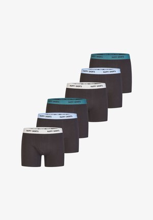 Schwarze Baumwoll-Boxershorts mit verschiedenen Farben des Bündchens: Hellblau, Weiß und Dunkelblau, mit dem Text "GLÜCKLICHE SHORTS."