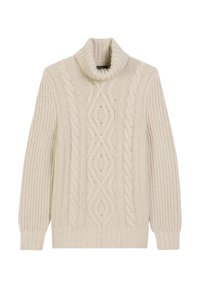 Sweter w kolorze kremowym, dzianinowy, z wysokim kołnierzem, z wzorem w warkocze i teksturowanym ściągaczem. Długie rękawy i luźny krój.