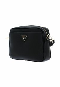 Borsa a tracolla sintetica nera con superficie texturizzata, logo triangolare dorato sul davanti e chiusura superiore con zip.