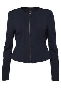 Granatowa kurtka peplum wykonana z gładkiego materiału, z długimi rękawami i zamkiem błyskawicznym z przodu. Posiada przeszycia, które nadają strukturę i dopasowanie.