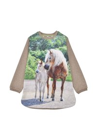 Beige cotton sweatshirt featuring a large photographic print of a mare and foal on the front; long sleeves; round neckline.