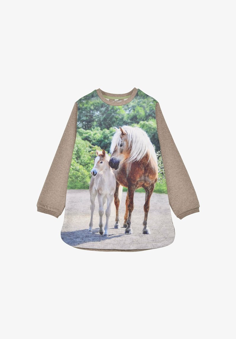 Beige cotton sweatshirt featuring a large photographic print of a mare and foal on the front; long sleeves; round neckline.