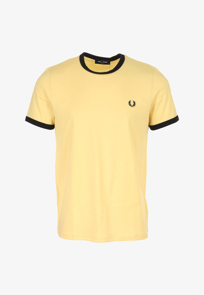 Yellow cotton t-shirt with black ribbed crew neck and sleeve hems. Features a small black embroidered logo on the left chest.