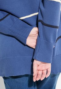 Blå stickad tröja med ribbade manschetter och fåll, prydd med vita och svarta horisontella ränder. Handen placerad bakom ryggen.