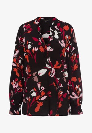 Blouse noire à manches longues avec un motif floral rouge, rose et blanc, col en V fendu et poignets froncés.