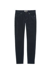 Donkerblauwe corduroy broek met een slim fit, voorzakken, knoopsluiting en subtiele textuur van ribbelstof.