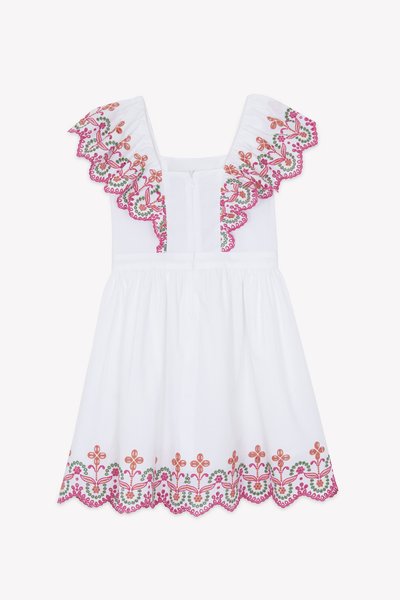 Λευκό βαμβακερό φόρεμα με τετράγωνη λαιμόκοψη, διακοσμημένα με κεντήματα μανίκια με βολάν και φλοράλ μοτίβα στο τελείωμα με ροζ και πράσινη κλωστή.