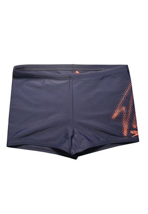 Costumi da bagno blu navy realizzati in tessuto liscio, con un motivo a pois arancioni e logo sul lato inferiore destro.