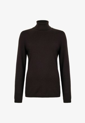 Black long-sleeve turtleneck sweater made of fine knit fabric with a fitted silhouette.