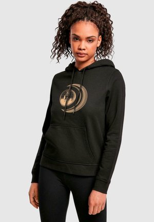 Black cotton hoodie with a front pocket, drawstring hood, and a gold graphic design on the chest. Features ribbed cuffs and hem.