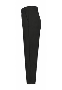Zwarte broek met een elastische tailleband, slim fit, zijzakken en een gladde textuur. Geen zichtbare patronen of Accenten.
