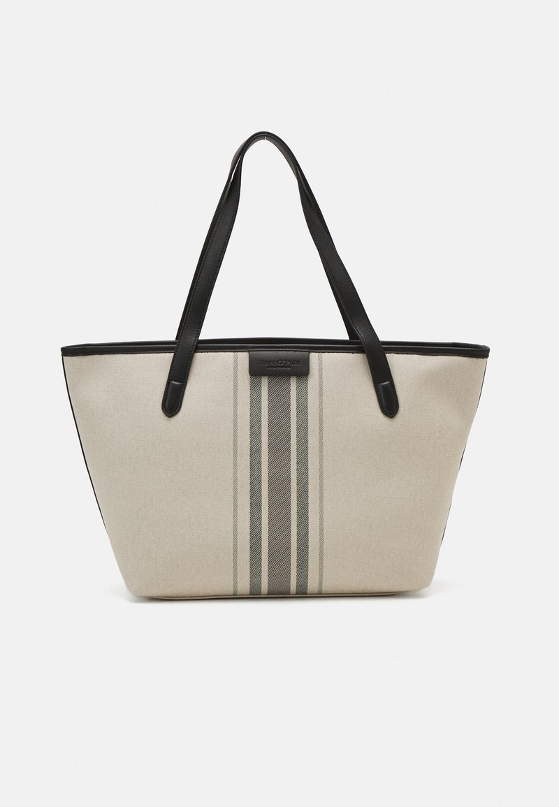 Sac fourre-tout beige avec des accents noirs, comportant deux bandes verticales noires et grises, de longues anses robustes et une forme rectangulaire.