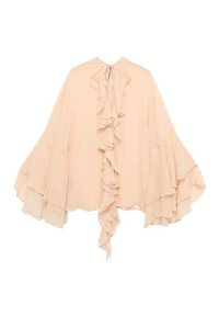 Peach-colored chiffon blouse with ruffled front, flared sleeves, and a tie closure at the neck. Soft texture and flowing silhouette.