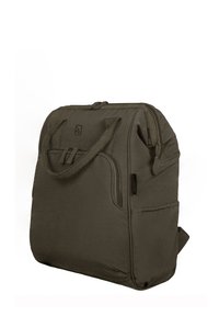 Zaino quadrato compatto di colore grigio scuro con tasca frontale con zip, doppio manico e tasche laterali su sfondo bianco.