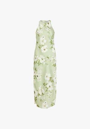 Sleeveless, full-length pale green dress with white floral print and high neckline, designed with a slim silhouette.