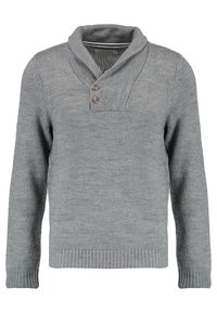 Szary sweter z kołnierzem w formie szala, dwoma brązowymi guzikami przy szyi, ściągaczami na mankietach oraz fakturowanym wzorem dzianiny na całej powierzchni.