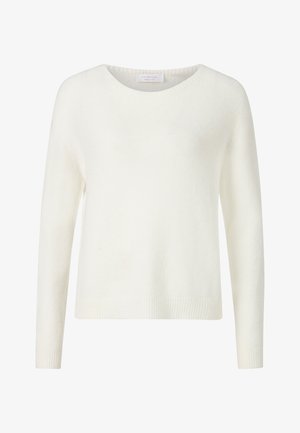 Sweter w kolorze kremowym, wykonany z miękkiego materiału, z okrągłym dekoltem i długimi rękawami, z prążkowym wykończeniem przy mankietach i dolnym brzegu.