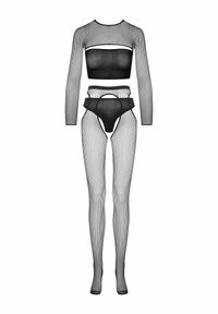 Czarny bodysuit z siateczki o długich rękawach, wysoki stan i warstwowy biustonosz. Posiada teksturowany wzór siateczki, otwarte wycięcia i wyraziste linie.