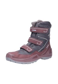 Hoge wandelschoenen met een grijze stoffen bovenkant, bordeauxrode suède accenten, klittenbandsluitingen en een gestructureerde grijze rubberen zool.