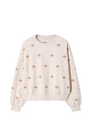 Sweatshirt beige à manches longues avec de petits motifs brodés en forme d'éventail répartis uniformément sur le devant, les manches et les épaules.