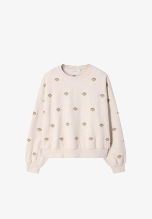 Sweatshirt beige à manches longues avec de petits motifs brodés en forme d'éventail répartis uniformément sur le devant, les manches et les épaules.