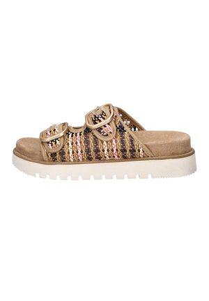 Slidesandalette mit dicker weißer Sohle, beige gepolstertem Fußbett und gewebten mehrfarbigen Riemen mit zwei verstellbaren Schnallen.