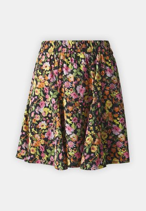 Jupe florale avec un fond noir, ornée de fleurs colorées en rose, orange et jaune. Taille élastique, design évasé.