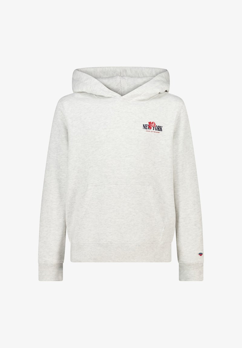 Light gray hoodie made of cotton blend fabric, featuring a kangaroo pocket, ribbed cuffs, and a small "New York" graphic on the chest.
