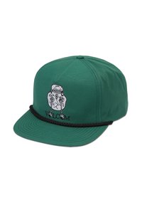 Green baseball cap with black braided rope above the brim, featuring an abstract face graphic and "VOLCOM" text on the front panel.