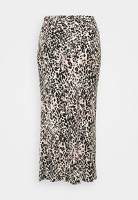 Midi sukně s leopardím potiskem v béžové, černé a jemně růžové barvě; hladká tkanina, přiléhavý střih a rozšířený lem.