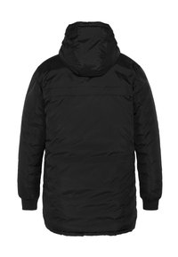 Zwarte gewatteerde jas met een capuchon, voorzien van een gladde buitenstof, elastische manchetten en een middellange stijl. Geen zichtbare branding of patronen.