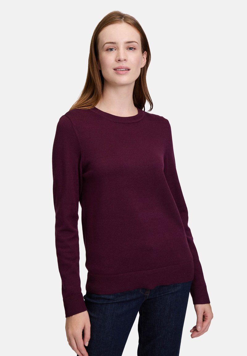 Maglione viola a maniche lunghe con colletto rotondo, realizzato in un tessuto a maglia liscia. Presenta polsini e orlo a costine per un aspetto aderente.