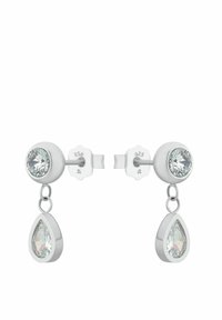 Ohrringe aus Sterlingsilber mit runden und tropfenförmigen klaren Kristallen, polierte Oberfläche und Steckverschluss. Subtle Schlaufen-Detail verbindet die Tropfen.