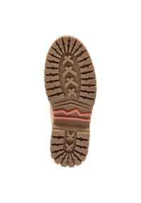 Rubberen buitenzool met een gemarmerd profiel. Lichtbruine kleur met diepe groeven en een roze accentband in het midden. "DOCKERS" gedrukt op de zijkant.