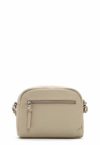 Borsa a tracolla in pelle beige chiaro con finitura testurizzata, forma arrotondata, tasca con zip frontale e tracolla regolabile. Design elegante e compatto.
