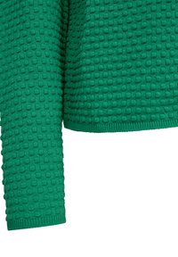 Groene gebreide trui met reliëf bobbelpatroon. Geribbelde randen, lange mouwen en effen kleur over het geheel.