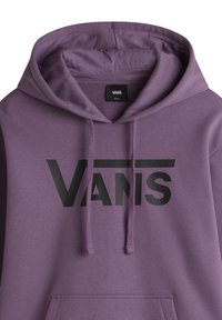 Felpa con cappuccio viola realizzata in tessuto morbido, con un grande logo nero "VANS" sul petto e cordini regolabili sul cappuccio.