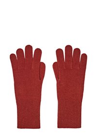 Rote Strickhandschuhe mit geripptem Bündchen, klassischem Fünf-Finger-Design, aus weichem Garn gefertigt und durchgehend mit einer glatten Textur.