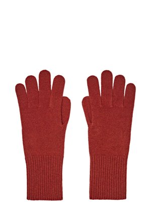 Røde strikkede handsker med ribbet ærme, et klassisk fem-finger design, lavet af blødt garn, med en glat tekstur hele vejen igennem.