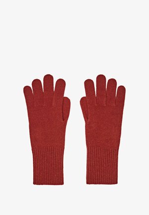 Rote Strickhandschuhe mit geripptem Bündchen, klassischem Fünf-Finger-Design, aus weichem Garn gefertigt und durchgehend mit einer glatten Textur.