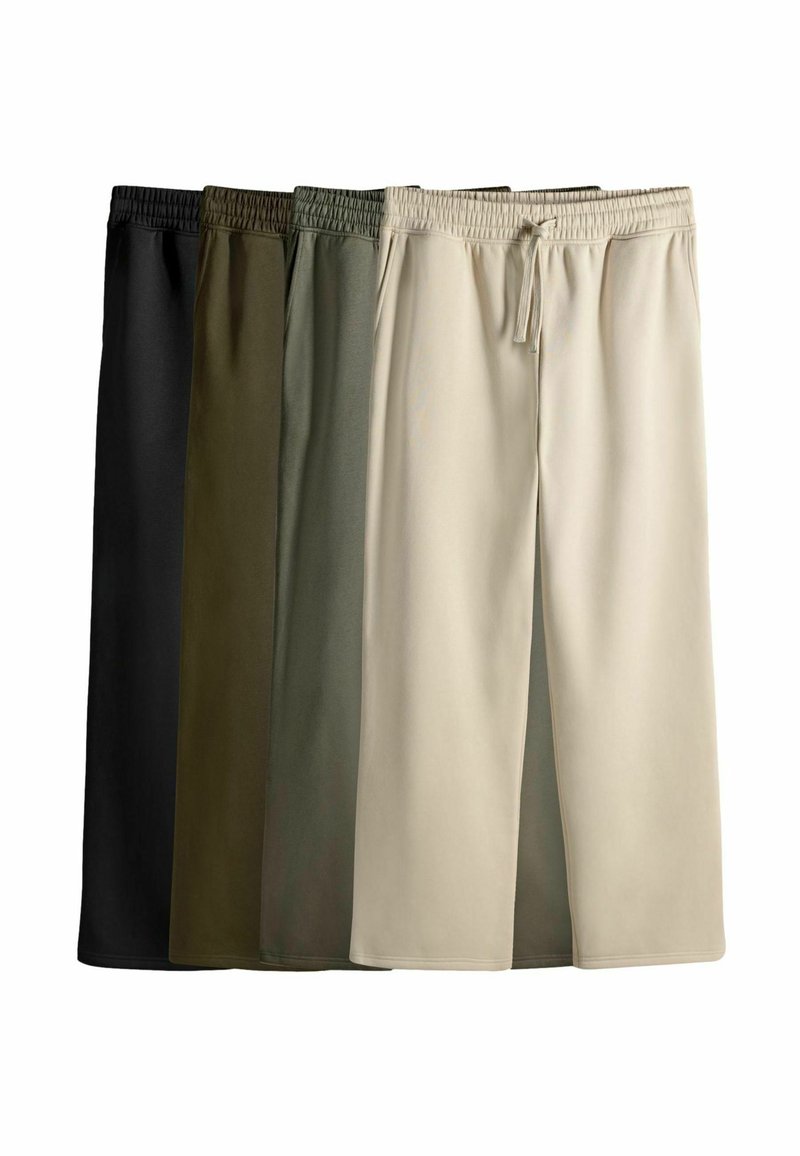 Kurze Sweatshorts in Schwarz, Dunkelgrün, Olivgrün und Beige. Aus glattem Stoff mit einem elastischen Bund und Kordelzug.