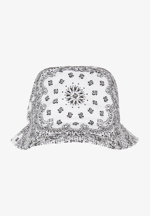 Chapeau seau à imprimé bandana noir et blanc avec un large bord, en tissu doux, avec des motifs floraux et paisley complexes.