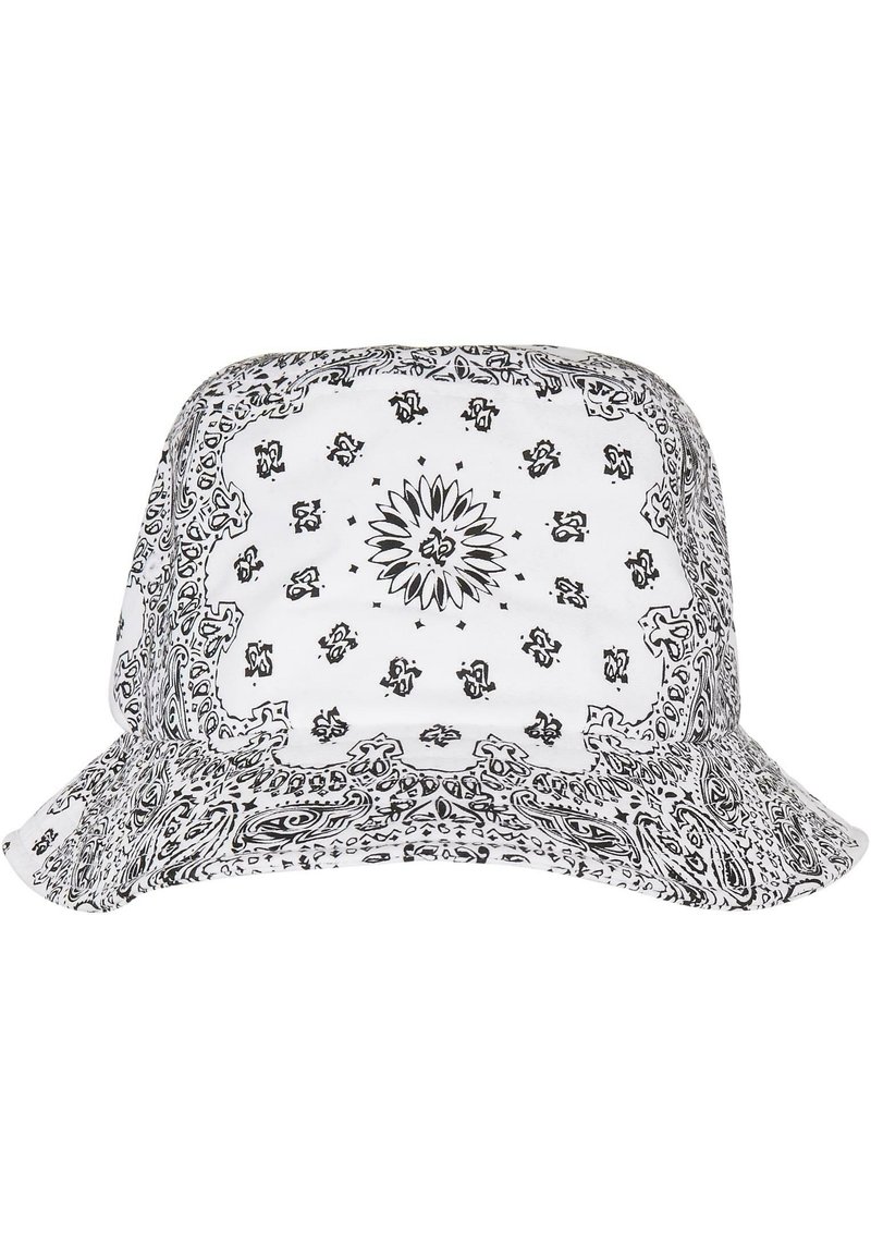 Svart-hvitt bandana-mønster bøttehatt med bred brem, mykt stoff og intrikate blomster- og paisleymønstre.