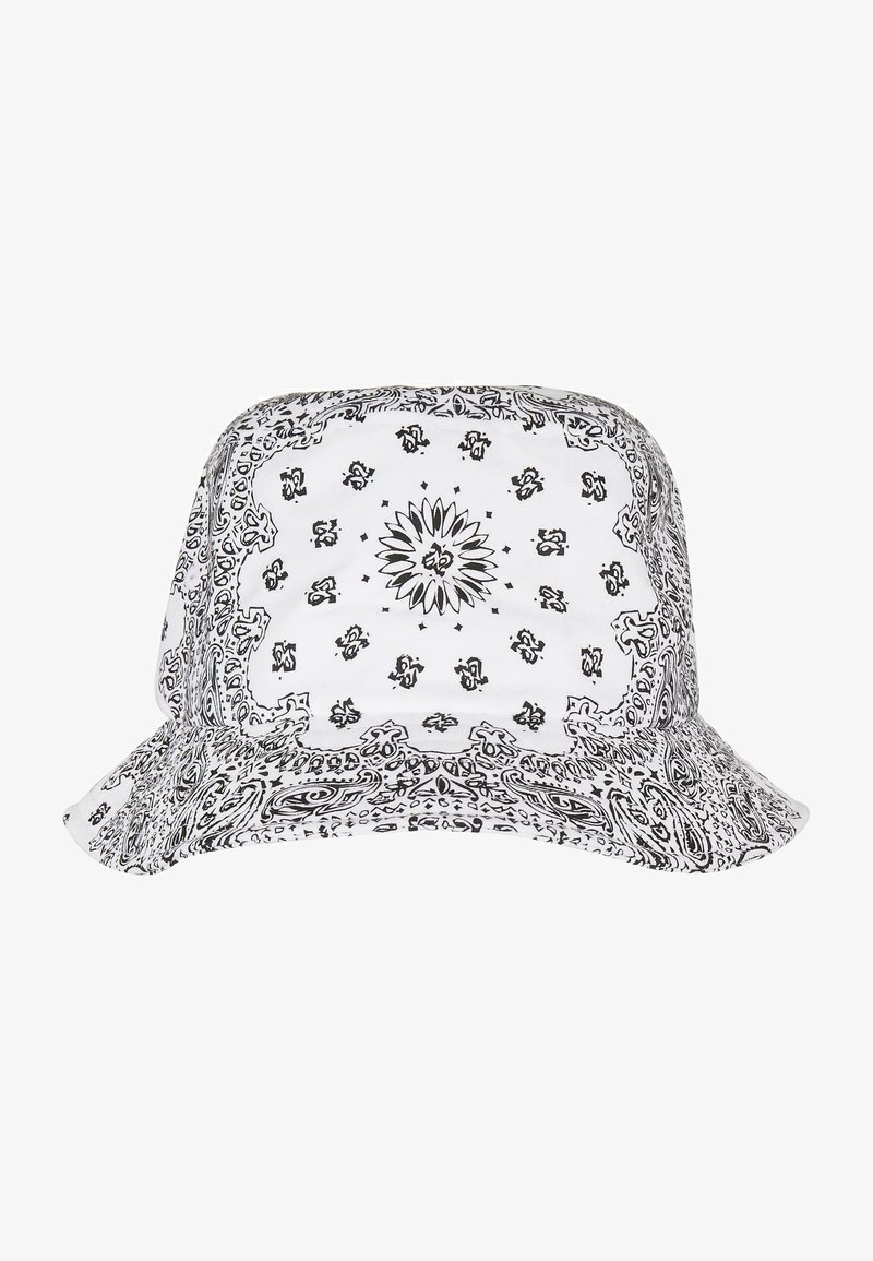 Black and white bandana print bucket hat with a wide brim, soft fabric, and intricate floral and paisley patterns.