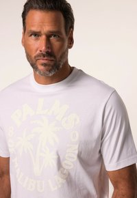  camiseta blanca de manga corta con un estampado texturizado en color beige claro que dice "PALMS 8 OF MALIBU LAGOON" y un gráfico de palmera en el centro.