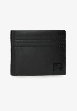 Cartera de cuero negro de doble pliegue con líneas horizontales cosidas y un pequeño logo en relieve de Pepe Jeans en la esquina inferior derecha.